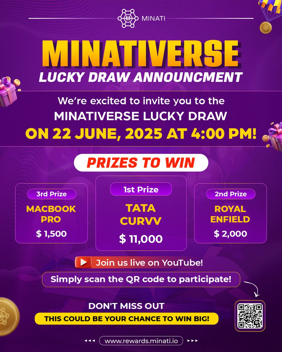 Minati (@minatifi) on Twitter photo π *MINATIVERSE LUCKY DRAW ANNOUNCEMENT!* π
We're excited to invite you to join the *MINATIVERSE LUCKY DRAW* live event on *22 June, 2025 at 4:00 PM*!
π *PRIZES TO WIN:*
*1st Prize:* Tata Curvv - $11,000
*2nd Prize:* Royal Enfield - $2,000
*3rd Prize:* MacBook Pro - $1,500
π΄ π *MINATIVERSE LUCKY DRAW ANNOUNCEMENT!* π
We're excited to invite you to join the *MINATIVERSE LUCKY DRAW* live event on *22 June, 2025 at 4:00 PM*!
π *PRIZES TO WIN:*
*1st Prize:* Tata Curvv - $11,000
*2nd Prize:* Royal Enfield - $2,000
*3rd Prize:* MacBook Pro - $1,500
π΄