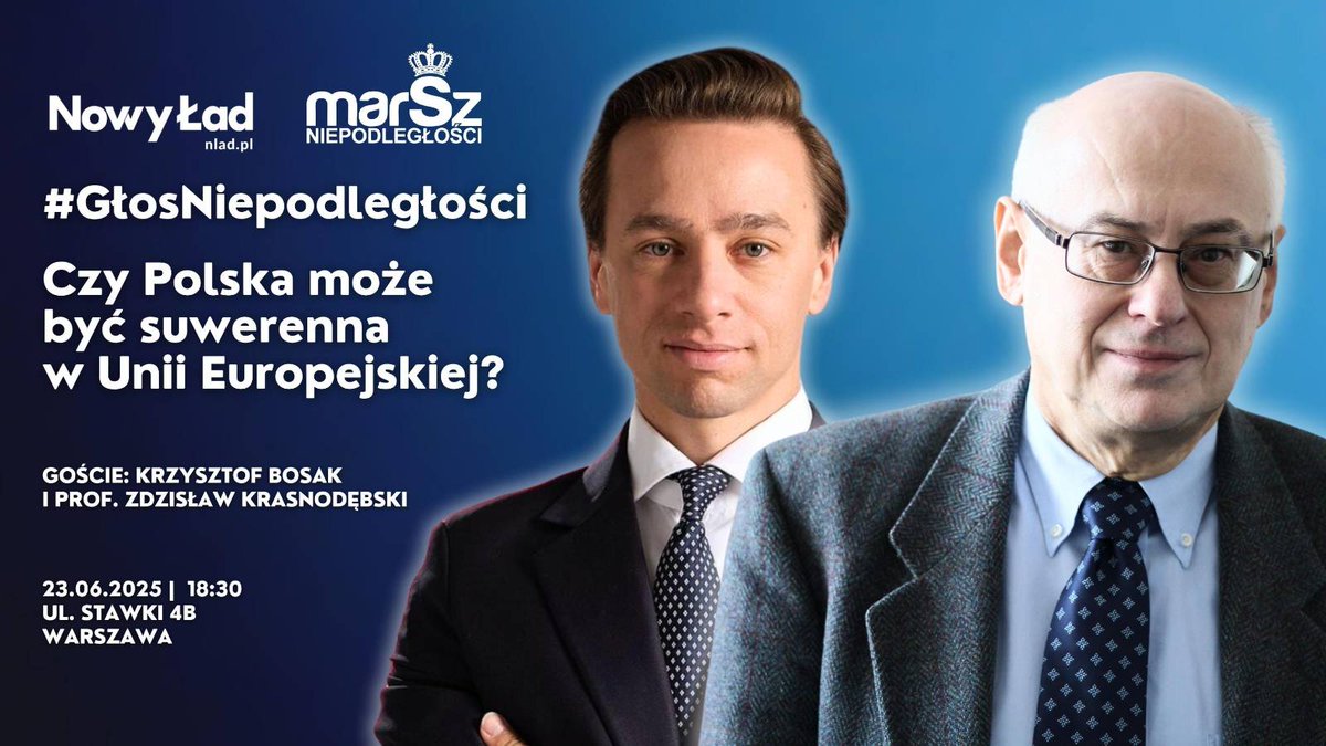 W poniedziałek, 23 czerwca, o godz. 18:30 przy ul. Stawki 4B w Warszawie wezmę udział w debacie #GłosNiepodległości organizowanej przez <a href="/nowylad/">Nowy Ład</a> i <a href="/StowMarszN/">Marsz Niepodległości</a>.
Wraz z <a href="/ZdzKrasnodebski/">ZdzisławKrasnodębski</a> będziemy rozmawiać o 21 latach członkostwa Polski w Unii Europejskiej, stanie naszej