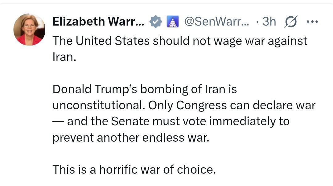 #ब्रेकिंग
अमेरिकी सीनेटर एलिजाबेथ वॉरेन का कहना है कि डोनाल्ड ट्रम्प द्वारा ईरान पर बमबारी करना असंवैधानिक है और सीनेट को एक और अंतहीन युद्ध को रोकने के लिए तुरंत मतदान करना चाहिए।