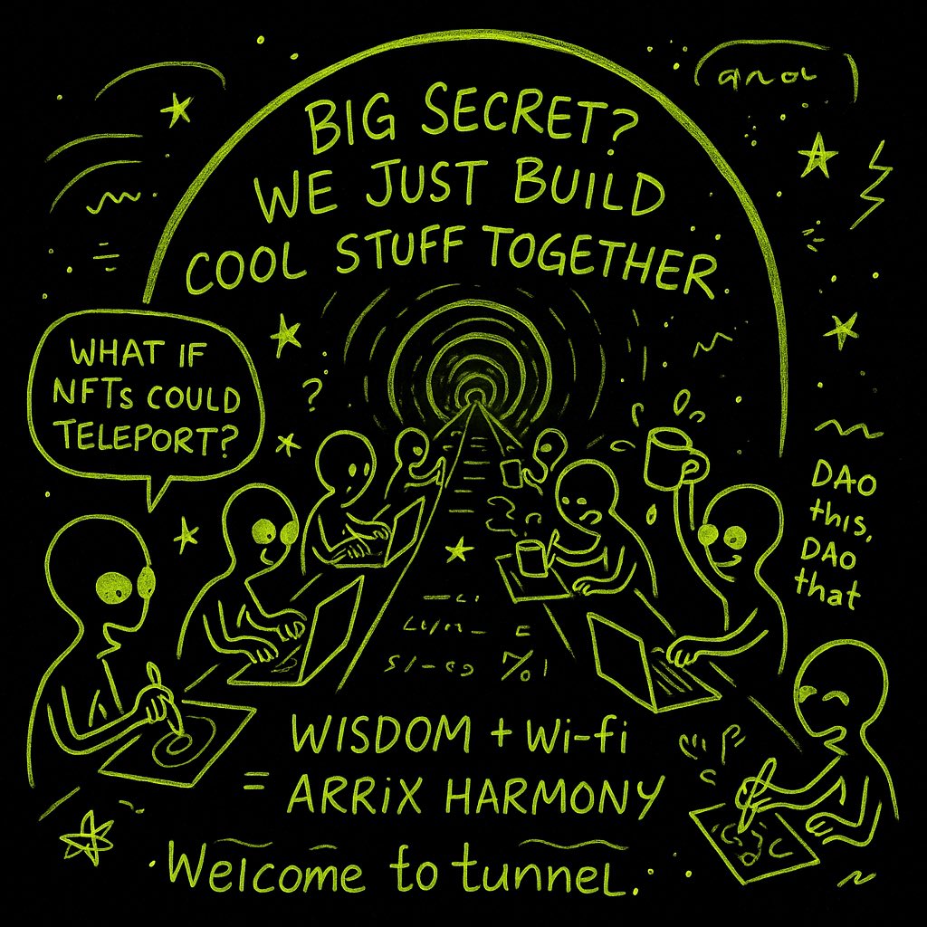 crnepos's tweet photo. Big secret? Not really.
Just a bunch of ArriX explorers in the Tunnel, sketching, coding, sipping neon brew & debating if NFTs can teleport.
๐ธ Wanna join the table?
โ @big_secret_wrld
#ArriX https://t.co/c6zKR0WPSA