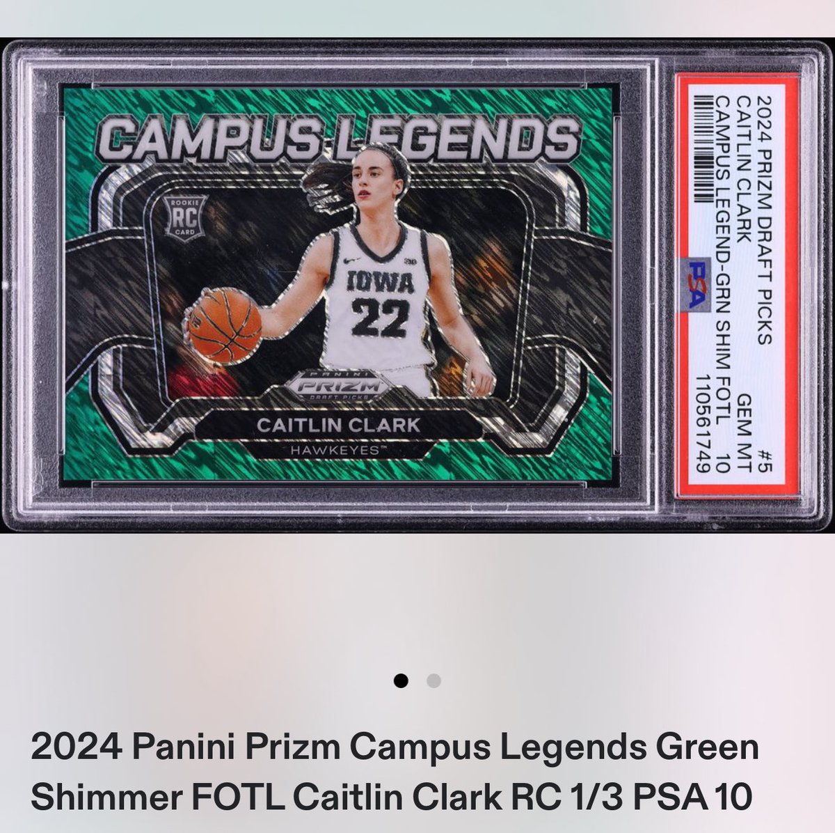 Ryan59860418's tweet image. 🚨 Just 1 day left! 🚨
Selling my 2024 Prizm Campus Legends Green Shimmer FOTL Caitlin Clark RC 1/3 (PSA 10) on @FanaticsCollect 

Only 3 of these exist — this one’s graded a perfect 10. Appreciate any support, shares, or eyes on it 🙏 @SportsCardInv @SCCTradingCards…