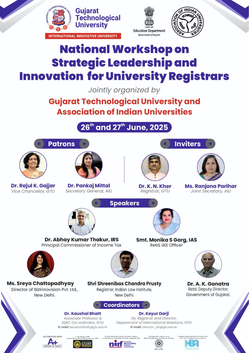 National Workshop Strategic Leadership and Innovation For University Registrars 25th and 27 June,2025
#GTU