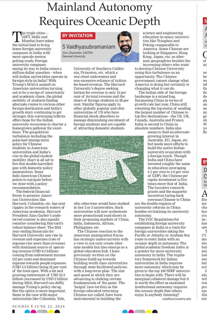 S.Vaidhyasubramaniam (@svaidhyasubrama) on Twitter photo In article <a href="/NewIndianXpress/">The New Indian Express</a>, I make fervent appeal for autonomy to 100 Indian univs to capitalize the global drift in edu-policies & polity with US-China-India comparatives <a href="/EduMinOfIndia/">Ministry of Education</a> <a href="/dpradhanbjp/">Dharmendra Pradhan</a> ji <a href="/ugc_india/">UGC INDIA</a> <a href="/mamidala90/">Mamidala Jagadesh Kumar</a> <a href="/SITHARAMtg/">TG SITHARAM</a> <a href="/adsahasrabudhe/">Anil Sahasrabudhe</a>
newindianexpress.com/columns/2025/J… In article <a href="/NewIndianXpress/">The New Indian Express</a>, I make fervent appeal for autonomy to 100 Indian univs to capitalize the global drift in edu-policies & polity with US-China-India comparatives <a href="/EduMinOfIndia/">Ministry of Education</a> <a href="/dpradhanbjp/">Dharmendra Pradhan</a> ji <a href="/ugc_india/">UGC INDIA</a> <a href="/mamidala90/">Mamidala Jagadesh Kumar</a> <a href="/SITHARAMtg/">TG SITHARAM</a> <a href="/adsahasrabudhe/">Anil Sahasrabudhe</a>
newindianexpress.com/columns/2025/J…