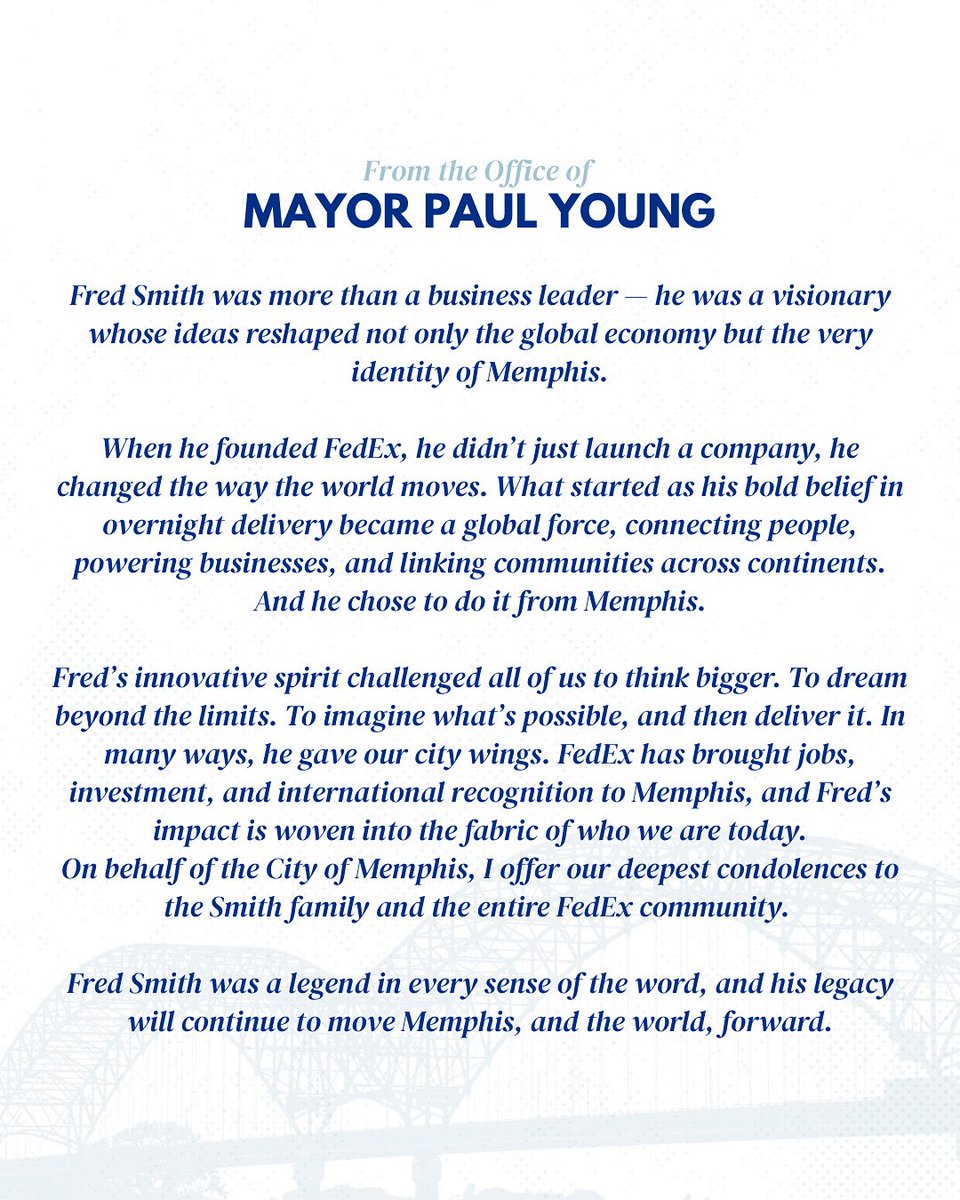 My statement on the passing of Fred Smith. His legacy will continue to move Memphis, and the world, forward.