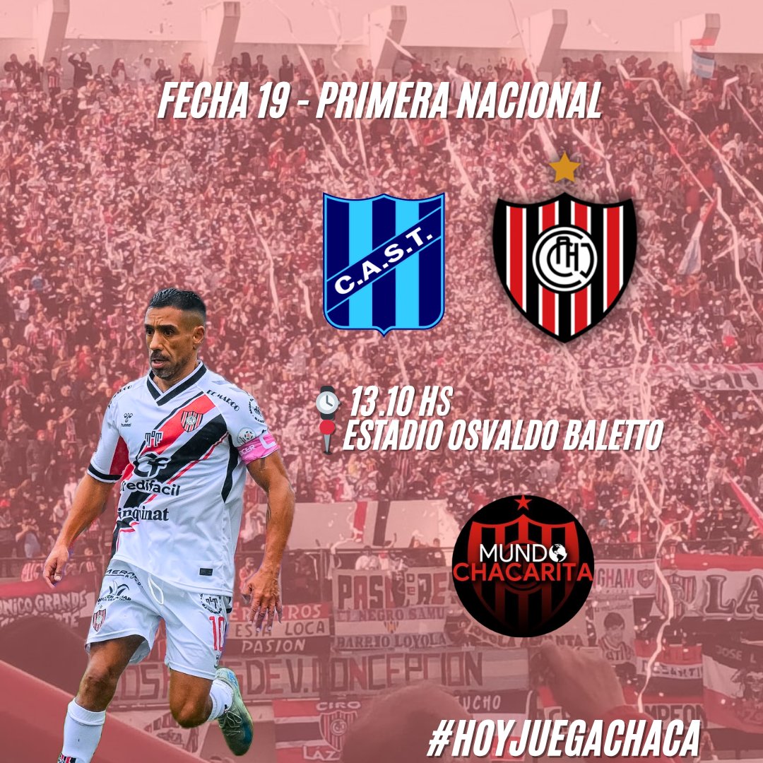 #HoyJuegaChaca

🆚️ San Telmo
⌚️ 13.10 hs
📍 Estadio Osvaldo Baletto 
👨‍⚖️ Javier Delbarba
📻 FM 101.9 <a href="/Sol_de_Octubre/">FM Sol de Octubre</a> y FM 103.9 <a href="/NdRradio/">NdR Radio FM 103.9</a>
📺 Facebook Live: Mundo Chacarita