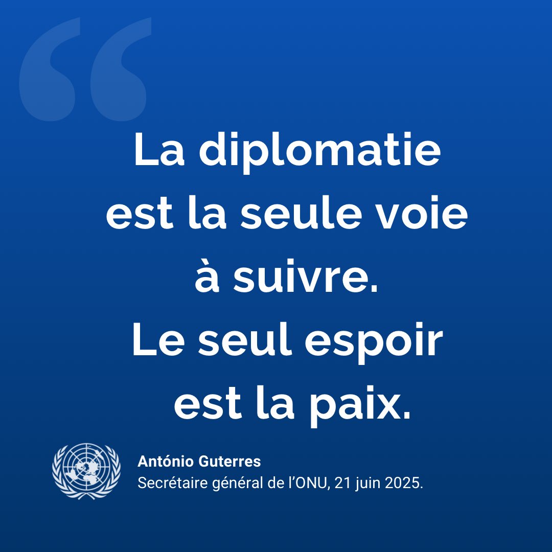 Nations Unies (ONU) (@onu_fr) on Twitter photo « A cette heure périlleuse, il est essentiel d'éviter d’entrer dans une spirale de chaos. »
<a href="/antonioguterres/">António Guterres</a> s’est dit gravement alarmé par le recours à la force par les États-Unis contre l'Iran.
« Il n'y a pas de solution militaire. La diplomatie est la seule voie à suivre. » « A cette heure périlleuse, il est essentiel d'éviter d’entrer dans une spirale de chaos. »
<a href="/antonioguterres/">António Guterres</a> s’est dit gravement alarmé par le recours à la force par les États-Unis contre l'Iran.
« Il n'y a pas de solution militaire. La diplomatie est la seule voie à suivre. »