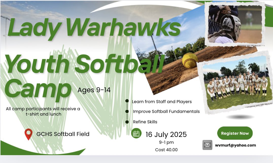 @GCHSSOFTBALL (@gchssoftba63195) on Twitter photo Lady Warhawks Youth Softball Camp!!
🗓️ July 16, 2025
⏰ 900-100pm
📍 Great Crossing High School <a href="/oaksie72/">Kal Oakes</a> <a href="/peterwiKY/">Peter Wilson</a> <a href="/TheKettle7/">GCHS Student Section</a> Lady Warhawks Youth Softball Camp!!
🗓️ July 16, 2025
⏰ 900-100pm
📍 Great Crossing High School <a href="/oaksie72/">Kal Oakes</a> <a href="/peterwiKY/">Peter Wilson</a> <a href="/TheKettle7/">GCHS Student Section</a>