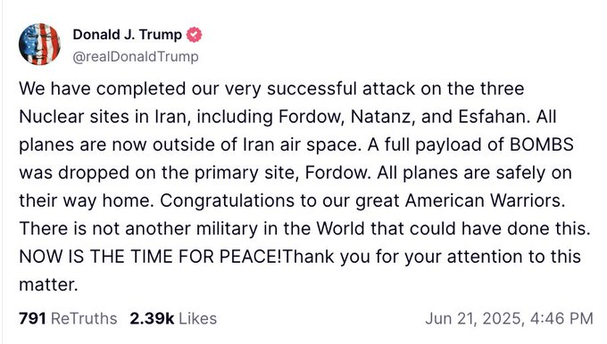 🇺🇸Les USA  entrent  en guerre contre l'Iran. 3 sites iraniens bombardés dont Fordow. Trump s'est passé de l'avis du Congrès 🇮🇷
x.com/Fraoui1983/sta…