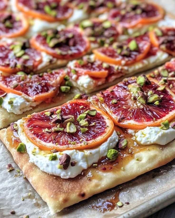 Blood Orange, Burrata &amp; Pistachio Flatbread with Basil Oil