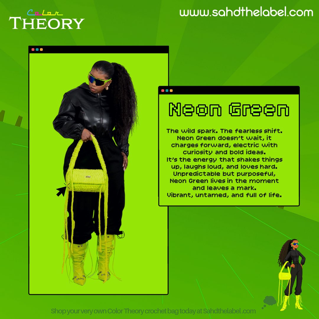 SAHDTHELABEL's tweet photo. Shop now to find the color that matches your personality 💚  #neongreen 

Www. https://t.co/xhACmUAY0b ✨

#sahdthelabel #instagram #crochet #color #theory #collection https://t.co/qrIJIfyGHI
