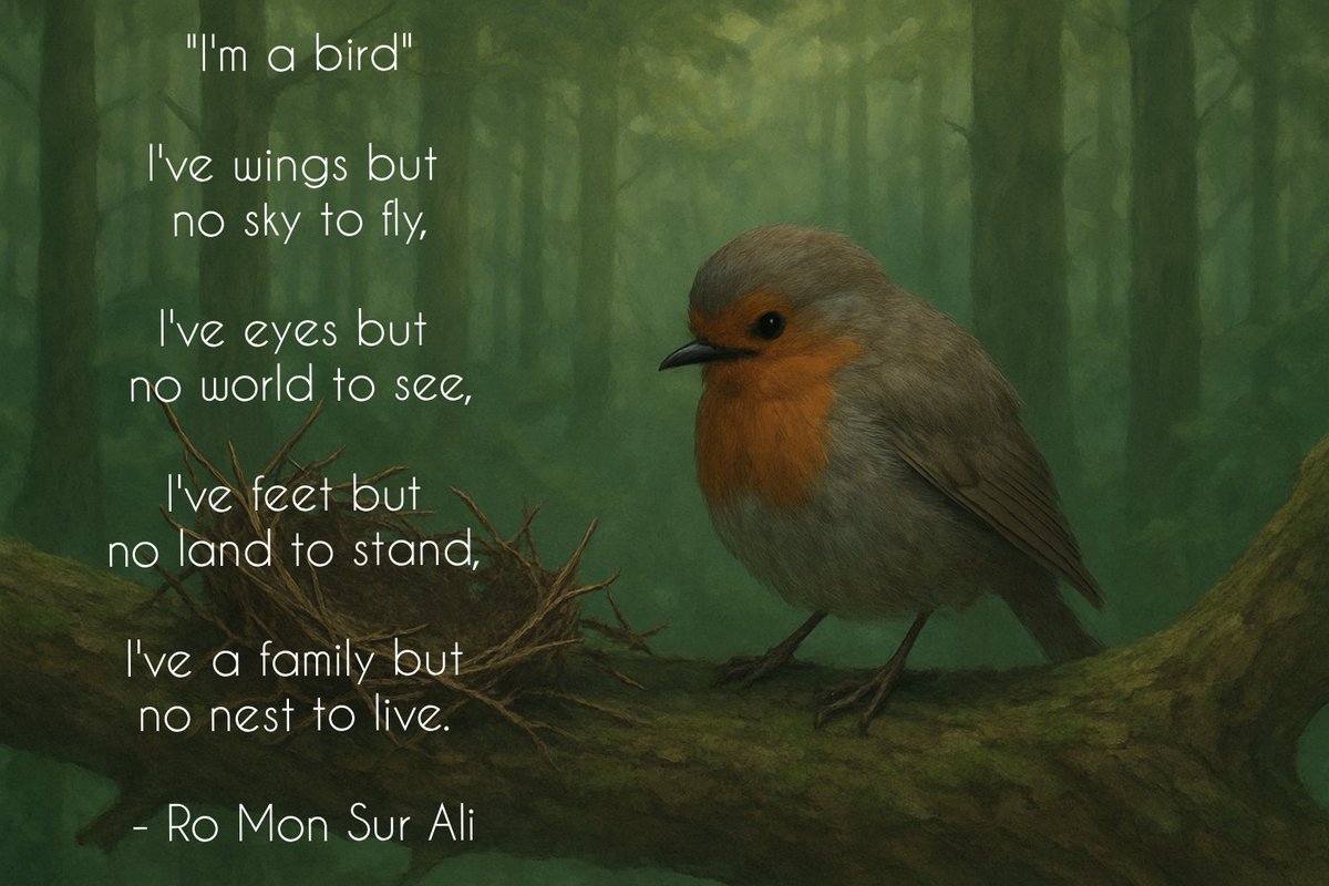"I'm a bird"

I've wings but 
no sky to fly,

I've eyes but 
no world to see,

I've feet but 
no land to stand, 

I've a family but 
no nest to live. 

- Ro Mon Sur Ali 
#rohingyalivesmatters