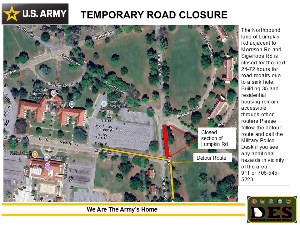 Fort Benning Garrison (@fortbenning) on Twitter photo ๐จTemporary Road Closure๐จ
A portion of Lumpkin Road, adjacent to Morrison and Sigerfoos Roads, is temporarily closed for repairs.
Please follow posted detours.
<a href="/CDRFtBenning/">GarrisonFtBenningCDR</a> ๐จTemporary Road Closure๐จ
A portion of Lumpkin Road, adjacent to Morrison and Sigerfoos Roads, is temporarily closed for repairs.
Please follow posted detours.
<a href="/CDRFtBenning/">GarrisonFtBenningCDR</a>
