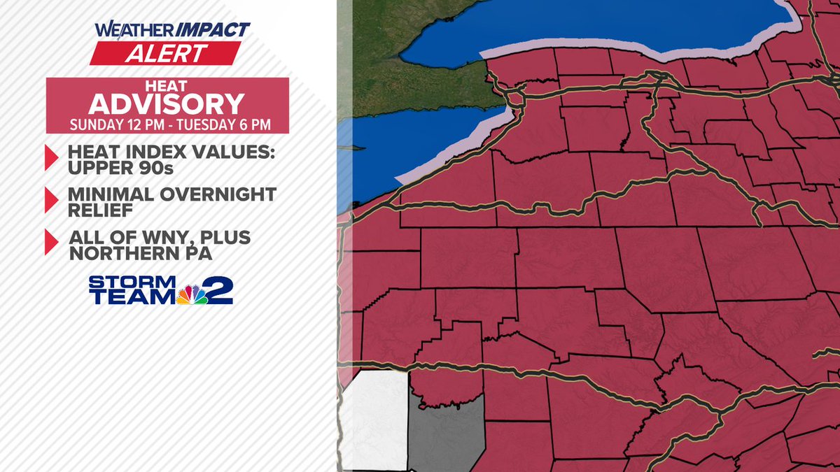 From Storm Team 2's @PaulHareTV:  Heat Advisory will be in place Sunday 12pm until Tuesday 6pm. Temps will be close to 90, with heat index values in the mid-90s (closer to 100 Monday!). Hot temps and humidity could cause heat related health issues. Find AC &amp; stay hydrated!
