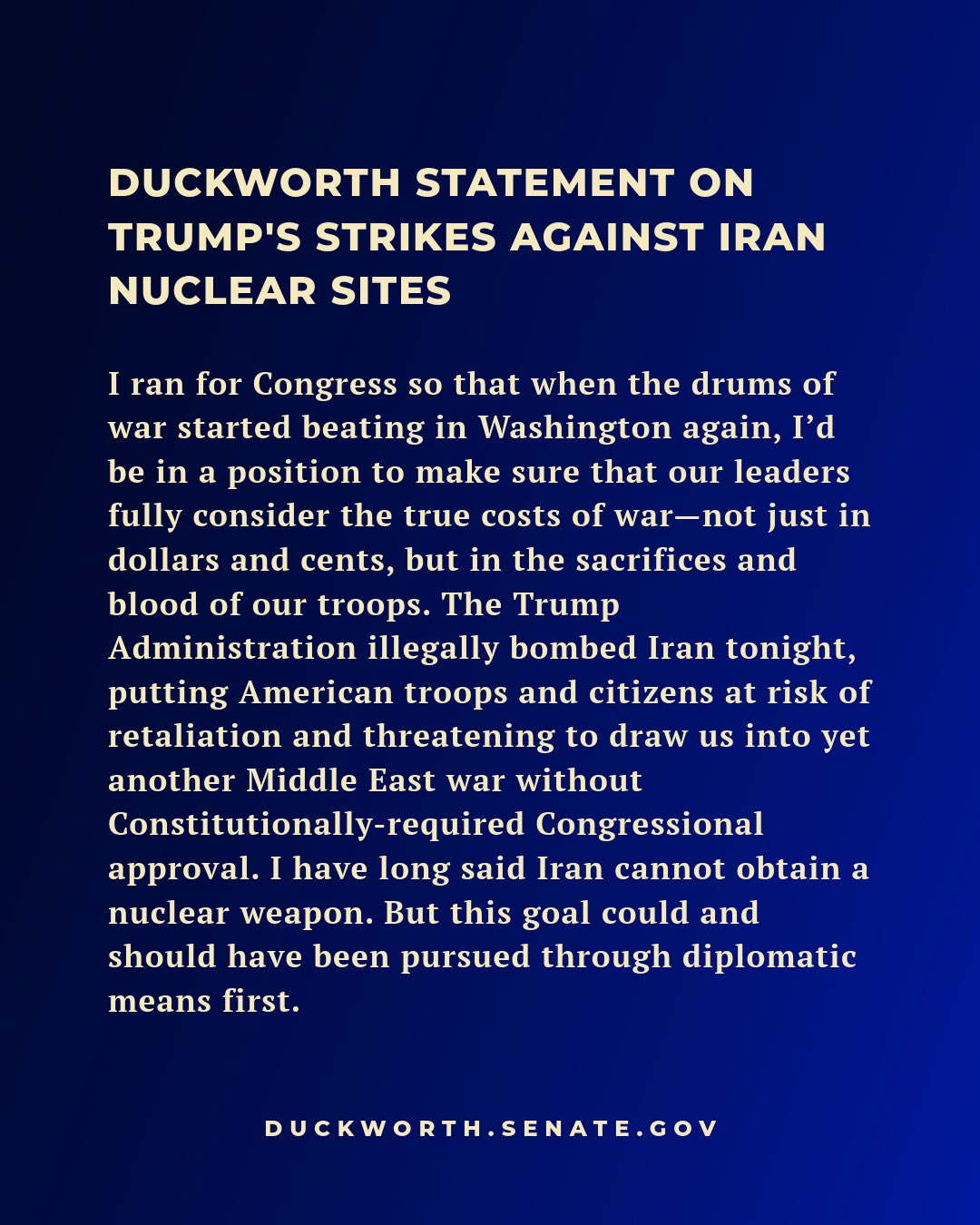 Duckworth statement on Trump’s strikes against Iran nuclear sites.