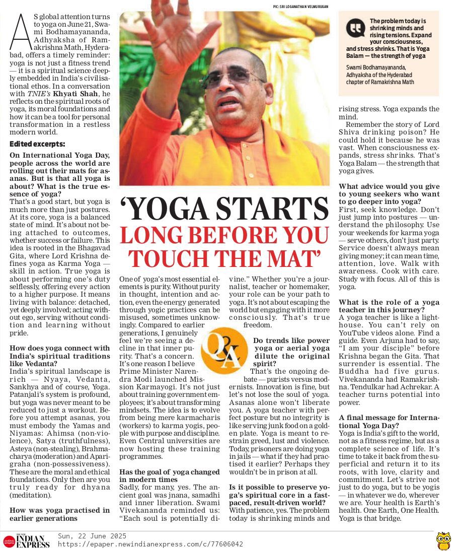 Khyati Shah (@writetokhyati) on Twitter photo .<a href="/XpressHyderabad/">TNIE Telangana</a> in conversation with Swamy Bodhmayananda, Adhyaksha of Ramakrishna Math, on the occasion of International Yoga Day .<a href="/XpressHyderabad/">TNIE Telangana</a> in conversation with Swamy Bodhmayananda, Adhyaksha of Ramakrishna Math, on the occasion of International Yoga Day