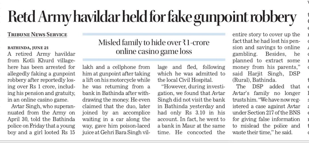 archit0078's tweet image. Retired #Amry #havildar held for fake gunpoint robbery 

Misled family to hide over Rs 1 crore online #casino game loss 

#Bathinda #Punjab #Crime @thetribunechd 

tribuneindia.com/news/punjab/re…