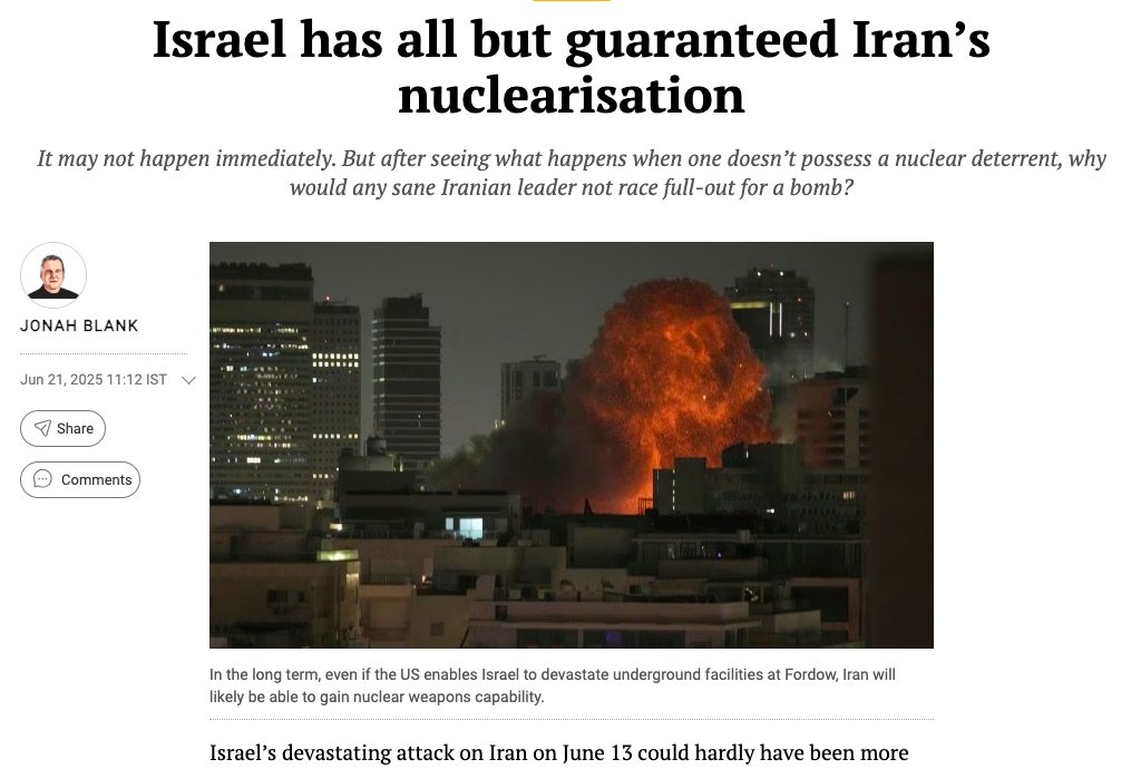 tyagi_vedang's tweet photo. Trump and Netanyahu's decision will make Iran's nuclearisation less immediate- but eventually, more certain. 
and It's understandable! , after experiencing what could happen if their is no nuclear deterrence. 
#iranisraelwar #IsraeliranWar #Iran https://t.co/wjpW27noAS