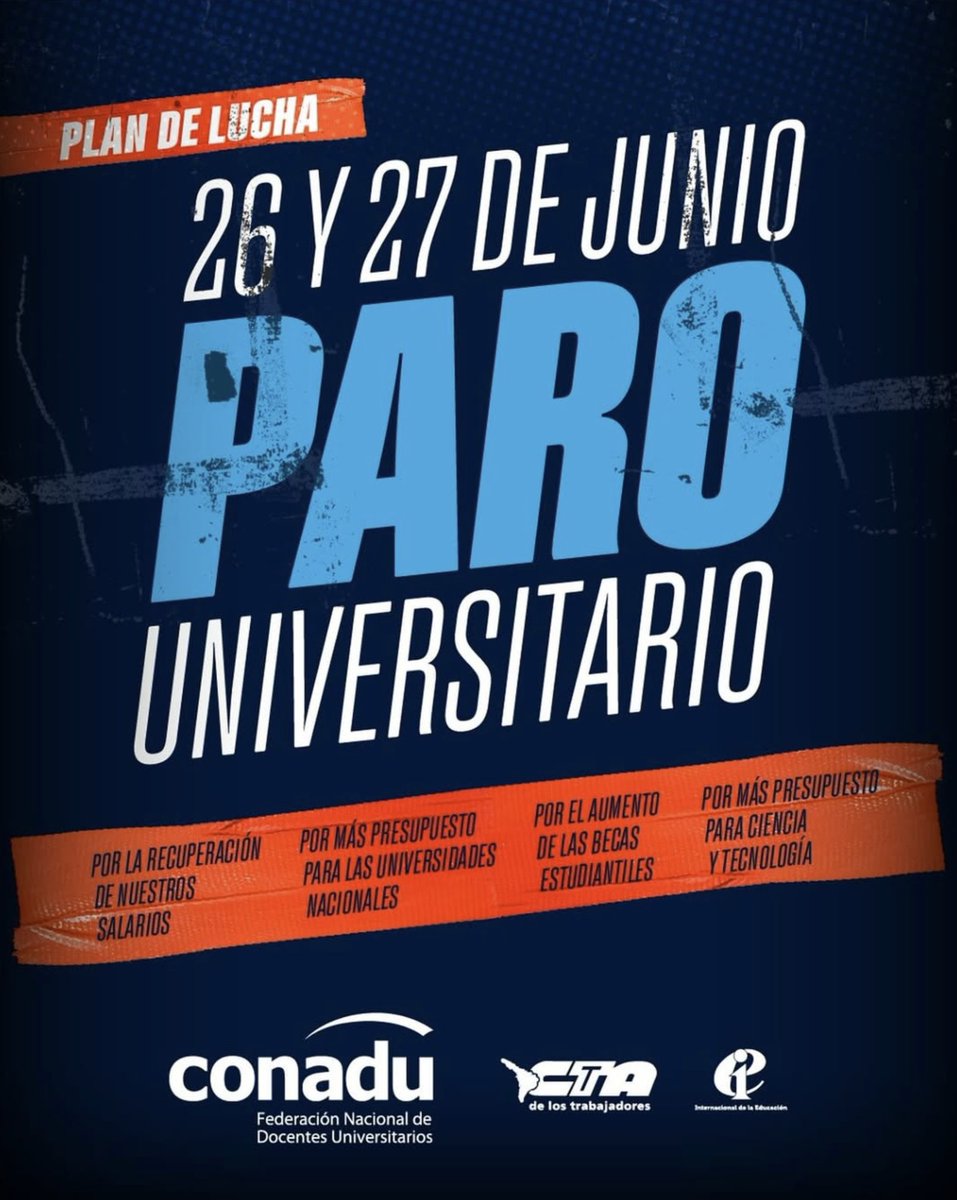 📢PARO UNIVERSITARIO y MARCHA DE ANTORCHAS
📌26 y 27 de junio
✔️Por la recuperación de nuestros salarios
✔️Por el aumento de las becas estudiantiles
✔️Por más presupuesto para ciencia y tecnología
✔️Por más presupuesto para las universidades nacionales
#SomosLaUniversidadPública