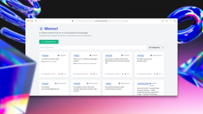 saurabhmudradi's tweet photo. 🧠 Just launched Memori -  a personal memory MCP for your AI agents!

Built with: 
→ FastMCP
→ ChromaDB
→ Nomic Embeddings (Ollama)

Store, recall, and inspect context with metadata.

🔗 https://t.co/O9sg3KslpA

#opensource #AI #LLM #FastMCP #ChromaDB #Ollama #BuildwithPuch https://t.co/Vkm0ek8vXC