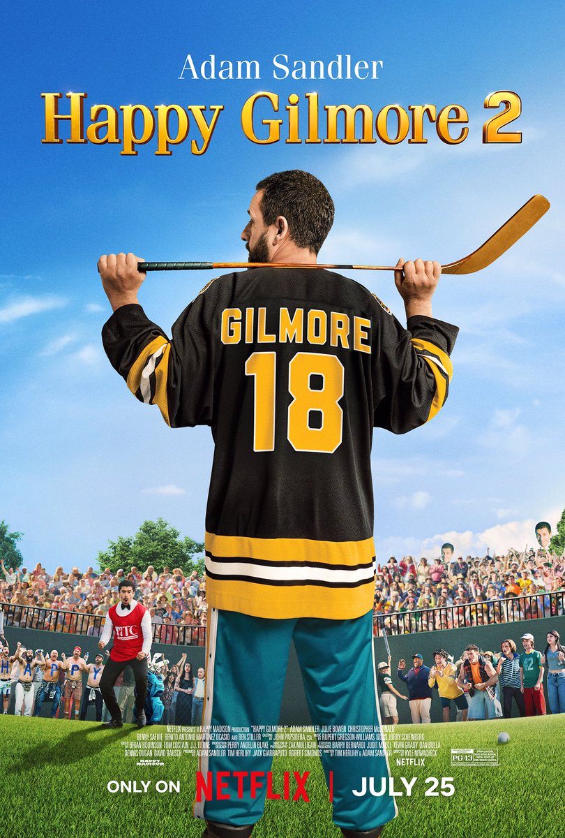 FilmNewsNos's tweet photo. 🎬 Here’s the NEW POSTER for #HappyGilmore2! Starring #AdamSandler #JulieBowen #AllenCovert #ChrisMcDonald #DennisDugan @BenStiller #JakeHoffman @The_MJF @KiDCuDi @sanbenito #MargaretQualley #BennySafdie #NickSwardson #SunnySandler #BeckyLynch @Eminem 

On @netflix July 25, 2025 https://t.co/gNYZYbGyq0