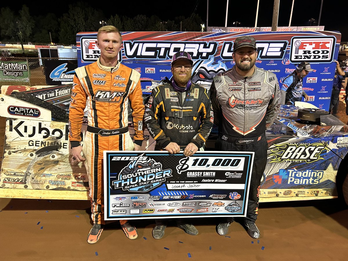 Southern Thunder Super Dirt Series (@sothundersds) on Twitter photo The “Flyin’ Floridian” <a href="/JosephJoiner10/">Joseph Joiner</a> goes two-in-a-row here at <a href="/Cherokee_DirtSC/">Cherokee Speedway</a> as he adds the Grassy Smith Memorial to his resume. 🏆 
Chris Ferguson led the first 13 laps but settles for runner-up while Jordan Koehler rallies for a podium in <a href="/FKrodends/">Team FK</a> victory lane. The “Flyin’ Floridian” <a href="/JosephJoiner10/">Joseph Joiner</a> goes two-in-a-row here at <a href="/Cherokee_DirtSC/">Cherokee Speedway</a> as he adds the Grassy Smith Memorial to his resume. 🏆 
Chris Ferguson led the first 13 laps but settles for runner-up while Jordan Koehler rallies for a podium in <a href="/FKrodends/">Team FK</a> victory lane.