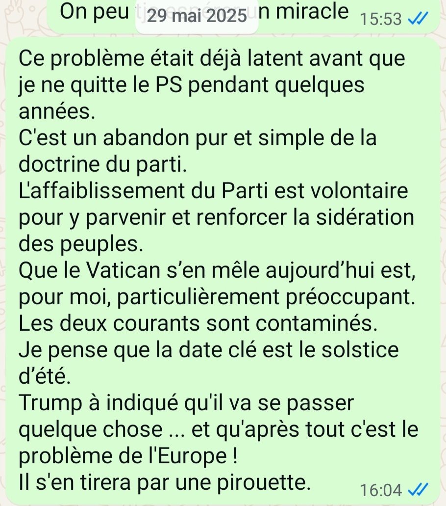 petit_bolide's tweet photo. #StopSidération 
Je l’avais annoncé : 
non par orgueil, 
mais parce qu’il fallait voir clair. Maintenant, il faut agir clair.

📌 11 mars : j’alerte. 
Le choc inattendu sera l’instrument d’un coup d’État géopolitique. 
La sidération frappera l’Europe pour imposer un pouvoir technocratique, post-national, hors contrôle des peuples.

📌 29 mai : je l’avais écrit en privé.
Le choc était programmé, le chaos planifié. 

📌 22 juin : Fordow frappé, Trump annonce la paix au bout des bombes. 
L’Europe hérite du chaos, sans avoir voté, sans avoir décidé.

💡 Ce que cela prouve :
➡ Leur guerre est un scénario.
➡ Leur force, c’est le choc et le   
     brouillard.
➡ La mienne : dévoiler avant la frappe, tuer la surprise, nommer la machine, préparer la riposte.

🔎 Ce qui structure ce scénario : l’axe que j'ai décrypté.
👉 Ottawa-Bruxelles-Rome-
Stockholm : 
un réseau transatlantique post-national où la souveraineté populaire est dissoute dans un récit humanitaire armé.
👉 Le chaos provoqué = le prétexte pour imposer leur ordre, leurs dettes, leurs normes, leurs armes.
👉 Et le #PS @partisocialiste ?
Vidé de sa doctrine, 
verrouillé par son appareil et .@faureolivier, 
il est devenu la béquille de cet axe.
Il couvre l’absence de mandat. 
Il empêche le débat. 
Il transforme la force imposée en prétendue exigence morale.

🔑 Ce que je propose : le contre-système.

✅ Moratoire constitutionnel : aucun alignement, aucun déploiement de l’UE hors ONU sans validation populaire.
💬 Cela ne s’appelle pas l’isolement : cela s’appelle la démocratie.
✅ Blocage budgétaire : chaque euro de guerre soumis au vote parlementaire, ligne par ligne.
💬 Cela ne s’appelle pas l’aventurisme : cela s’appelle la souveraineté budgétaire.
✅ Commission indépendante : identifier les relais qui ont fabriqué l’adhésion au chaos.
💬 Cela ne s’appelle pas le soupçon : cela s’appelle la transparence.
✅ Front européen : stopper la militarisation post-nationale, reconstruire la souveraineté démocratique.
💬 Cela ne s’appelle pas la nostalgie : cela s’appelle la République des citoyens.

⚡Pourquoi agir maintenant ?

•Parce que chaque heure qui passe banalise la frappe. 
•Parce qu’après la sidération, vient le verrou. 
•Parce que cet axe n’avance que si nous restons muets.
• Parce que le PS qui devrait dire non est aujourd’hui l’outil du consentement sans vote.

📌 Pas de paix sans peuples. 
📌 Pas de sécurité sans loi. 
📌 Pas de guerre sans vote.