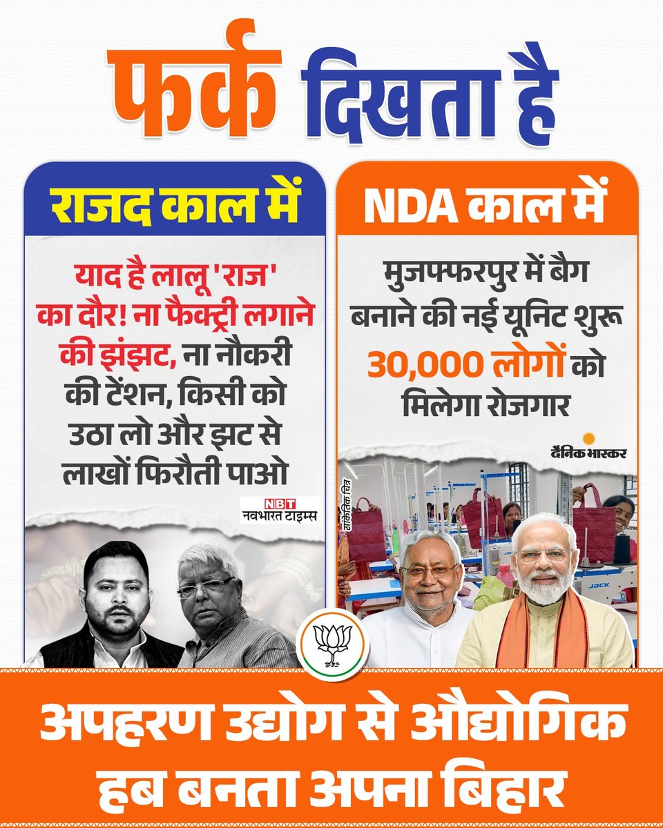 BJP4Bihar's tweet photo. फिरौती का कारोबार VS रोज़गार का विस्तार

#RJDvsNDA
#फर्क_साफ_है https://t.co/iNTDvkWrAU