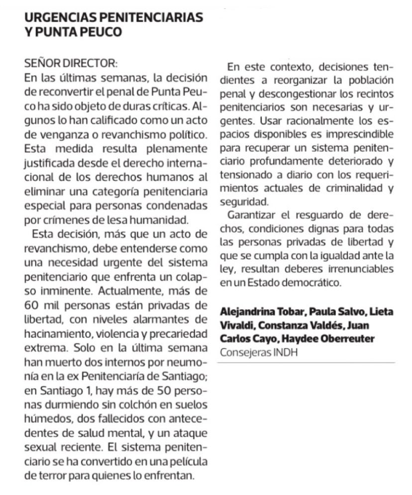 Alejandrina Tobar (@alejandrinatobr) on Twitter photo Medidas como la reorganización de Punta Peuco son necesarias y justificadas, no son revanchismo, son una necesidad del sistema penitenciario en su conjunto. La situación no da para más ⚠️ <a href="/latercera/">La Tercera</a> Medidas como la reorganización de Punta Peuco son necesarias y justificadas, no son revanchismo, son una necesidad del sistema penitenciario en su conjunto. La situación no da para más ⚠️ <a href="/latercera/">La Tercera</a>