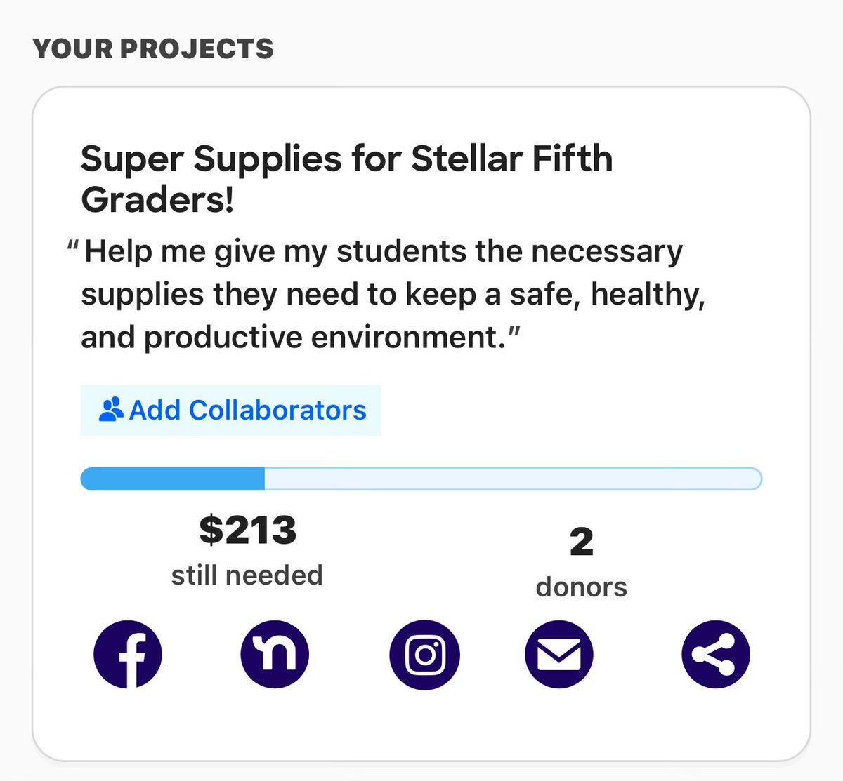 AMAZING! I got donation #2! $213 to #clearthelist will you help support my classroom for donating to get supplies? Please and thank you! 

Help me give my students the necessary supplies they need to keep a safe, healthy, and productive environment. secure.donorschoose.org/project/super-…