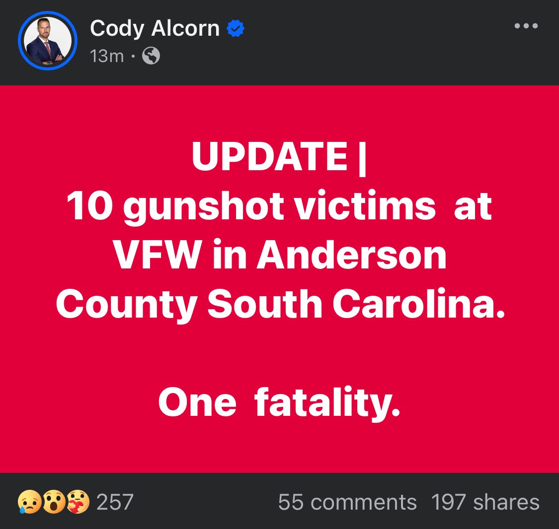BREAKING: At least 10 people shot at Veterans organization building in Anderson County, South Carolina (Cody Alcorn with 11Alive)