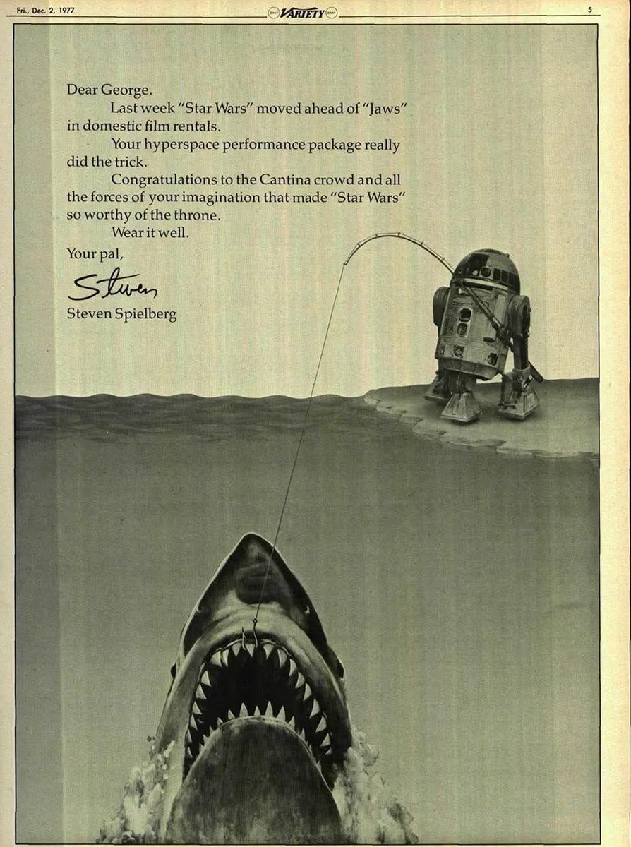 In 1977, after #StarWars overtook #Jaws as the highest-grossing film, #Spielberg placed this ad for #GeorgeLucas in <a href="/Variety/">Variety</a>