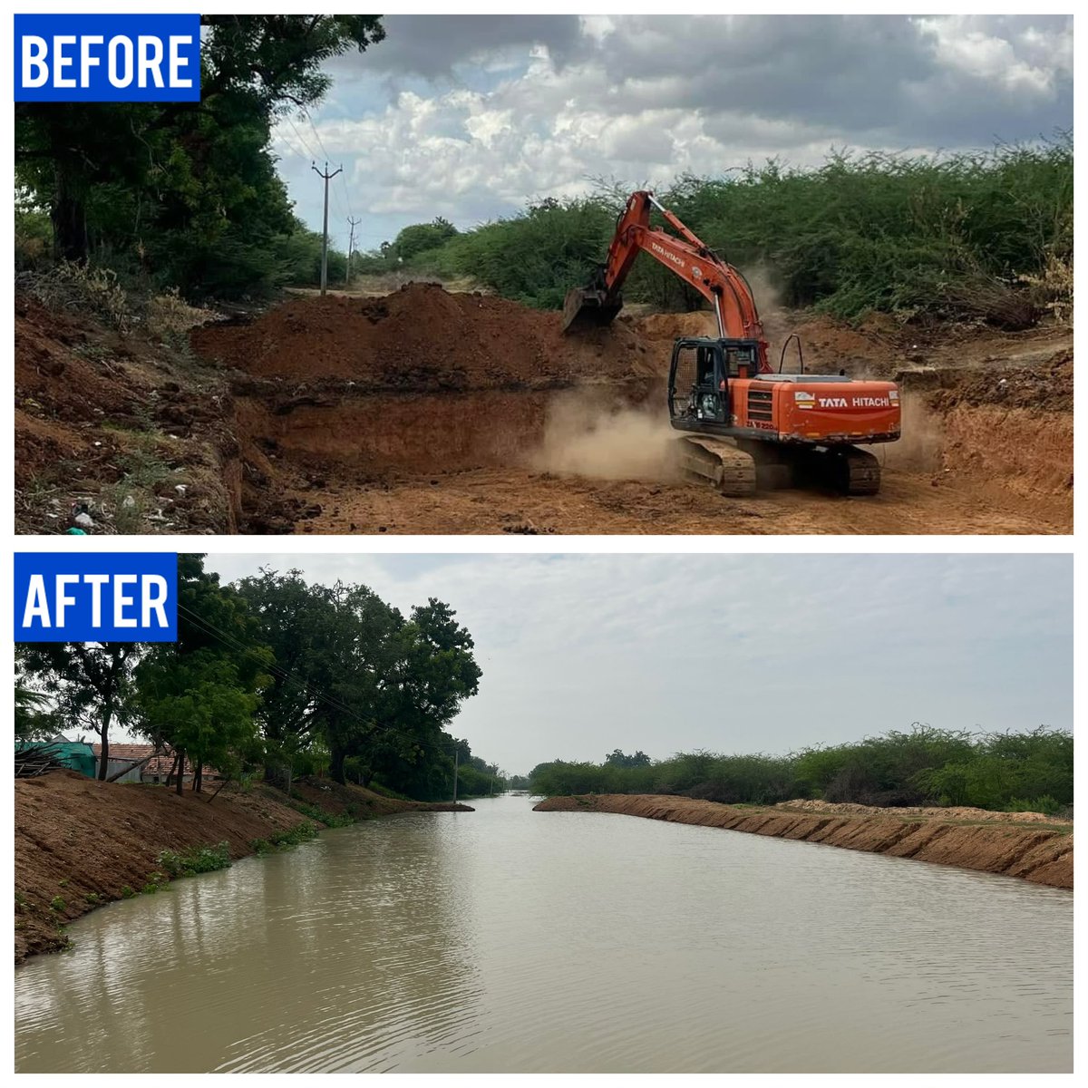being_nimal's tweet photo. #BounceBackRamnad #SaveWater

This is the before and after picture of Melasaakkulam lake. Earlier, the lake couldn’t even hold a drop of water; today, following our labor, we have preserved 50000000 litres of water.

Do you know how many days it took to complete this work ? 

Just 7 days!!! 

Location: Keelasaakkulam Panchayat, Muthukulathur Taluk, Ramanathapuram District.

Ps: This work was completely done by a group of women from the village under our guidance and support.

If we can restore a Waterbody and save 5 crore litres with whatever minimum resources available, just think how much water we all could save if we start working together. 

Together Lets Make Earth Green Again💚

#WaterCrisis #MegaFoundations #SDG