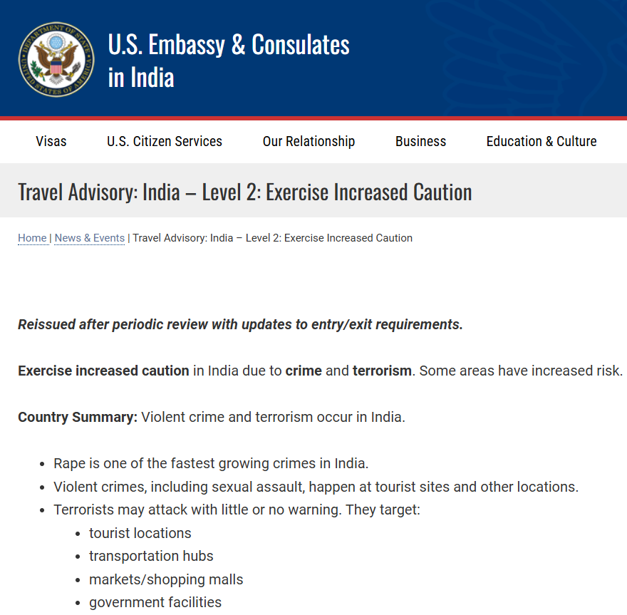 #US issues Level-2 travel advisory for #India, citing crime &amp; #terror risks.
