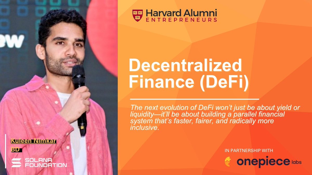 🚨 Next up at the Web3 Bootcamp: Decentralized Finance (DeFi)

👤 Speaker: <a href="/knimkar/">Kuleen ◎</a>, BD <a href="/SolanaFndn/">Solana Foundation</a>  
🗓️ June 25, 2025
🕓 4–5 PM ET

📚 Learn how DeFi is reshaping global finance — straight from the Solana ecosystem.

🎓 Free &amp; online: harvardae.org/web3-bootcamp