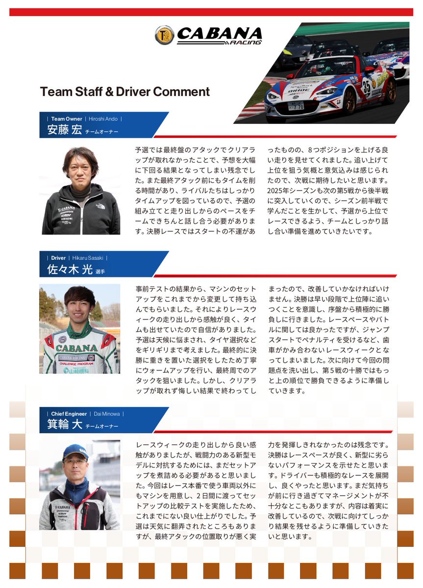 【#ロードスターパーティレースⅢジャパンツアーシリーズ 第4戦 #モビリティリゾートもてぎ】

CABANA Racing のレースレポートとなります
天候に翻弄された予選から一転、決勝では力強いレースを展開し、ポイントを獲得しました

次の第5大会は、8月3日に十勝スピードウェイで開催です

#CABANARacing