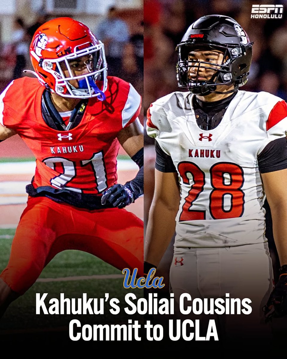 ESPN Honolulu (@espnhonolulu) on Twitter photo Kahuku standouts <a href="/MaddenSoliai/">Madden Soliai</a> and <a href="/soliaimalaki/">Malaki Soliai-Tui</a> —both three-star prospects and cousins—are heading to LA. The duo committed to <a href="/UCLAFootball/">UCLA Football</a>, becoming the latest additions to a loaded 2026 Bruins recruiting class. 🏈 Kahuku standouts <a href="/MaddenSoliai/">Madden Soliai</a> and <a href="/soliaimalaki/">Malaki Soliai-Tui</a> —both three-star prospects and cousins—are heading to LA. The duo committed to <a href="/UCLAFootball/">UCLA Football</a>, becoming the latest additions to a loaded 2026 Bruins recruiting class. 🏈