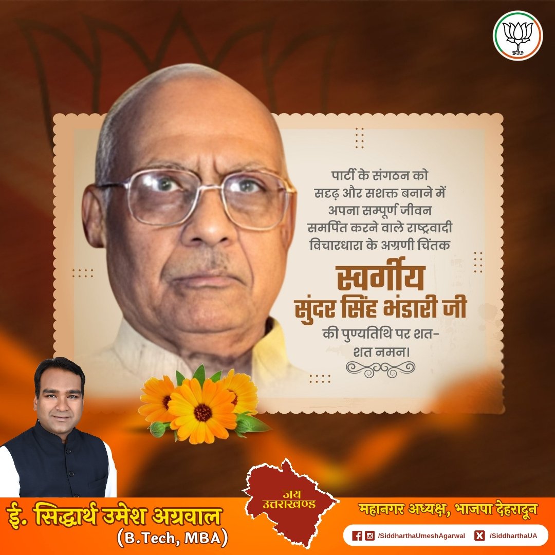 अपना संपूर्ण जीवन राष्ट्रसेवा एवं विचारधारा को समर्पित करने वाले श्रद्धेय सुंदर सिंह भंडारी जी की पुण्यतिथि पर उन्हें विनम्र श्रद्धांजलि।

आपने अपने अथक प्रयासों से संगठन को मजबूत किया और साथ ही अपने निःस्वार्थ सेवाभाव से वह लाखों कार्यकर्ताओं के प्रेरणास्रोत बने।
