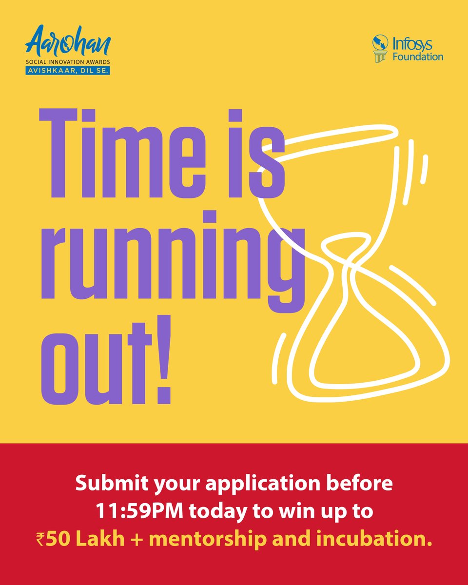 Today is the last day you can submit your application for Aarohan Social Innovation Award. What are you waiting for? Apply now: infy.com/3ZtDYu5

#InfosysFoundation #AarohanAwards #SocialInnovation #Education #Healthcare #EnvironmentalSustainability