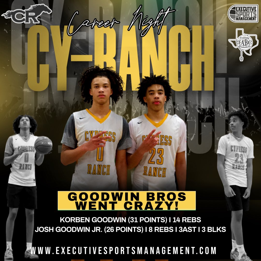 Career night for the (Cy-Ranch) Goodwin brothers! Senior Josh Goodwin Jr. (26pts I 8rebs)… Sophomore KJ Goodwin (31pts l 14rebs) with the game winner! #Blessed