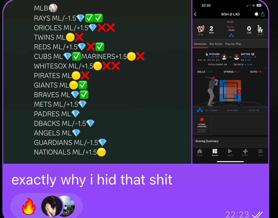 keep catching people tryna post picks to grift  MO OF IT🤣🤣 GUESS WHAT YALL WRONG IM RIGHT ANYWAYS 

THATS WHY I DELETE AND REMOVE YOU LOSERS 

ONLY DISCORD GOT NATS ML/+1.5 but gave it to tele after the 2 run confirmation 🤣🤣🤩🤩