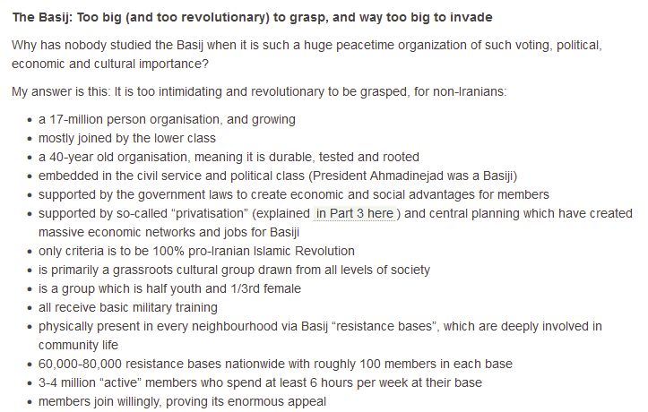 Iran, like other revolutionary countries, has a highly organized society and militia system which would deliver hell to the empire stupid enough to invade it. The US and Israel can only lob bombs and cause death; they cannot defeat a mobilized people, just like in Vietnam.