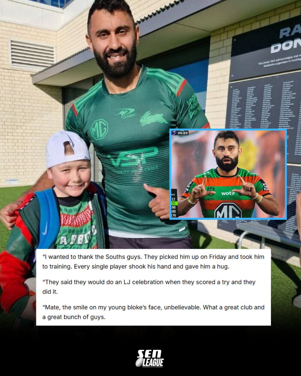 SEN League (@senleague) on Twitter photo All class by Alex Johnston and the <a href="/SSFCRABBITOHS/">South Sydney Rabbitohs 🐰</a> doing an 'LJ' try celebration for 11-year-old LJ, a massive Rabbitohs fan who's been battling cancer👏
READ MORE: sen.lu/3HSGdRI All class by Alex Johnston and the <a href="/SSFCRABBITOHS/">South Sydney Rabbitohs 🐰</a> doing an 'LJ' try celebration for 11-year-old LJ, a massive Rabbitohs fan who's been battling cancer👏
READ MORE: sen.lu/3HSGdRI