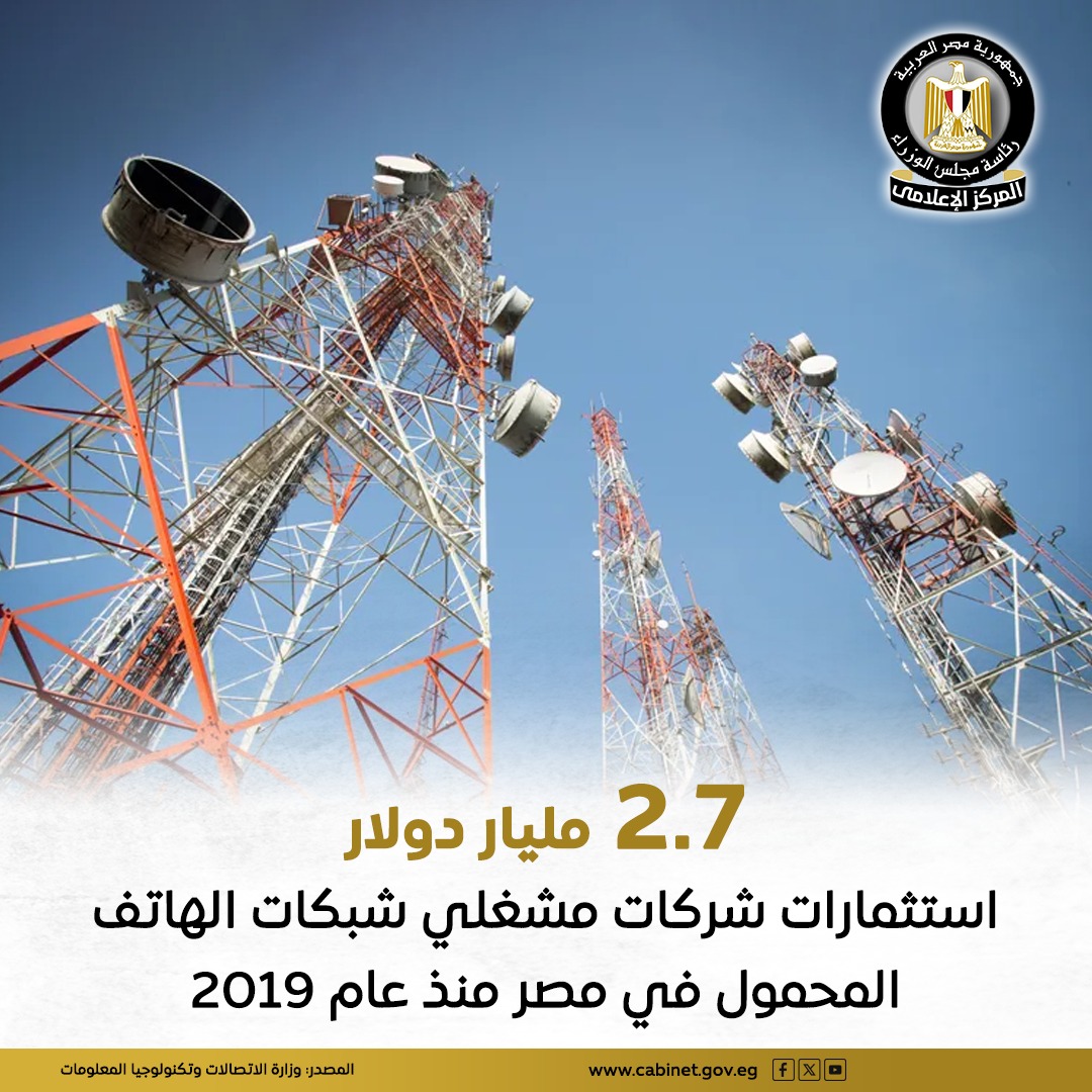 📍بلغ عدد الاشتراكات في خدمات الهاتف المحمول نحو 120 مليون مشترك في عام 2024، مع نمو استخدام الإنترنت عبر الهاتف المحمول بأكثر من 10% خلال عام واحد.

للمزيد|facebook.com/share/p/1CBx8W…

#وزارة_الاتصالات_وتكنولوجيا_المعلومات 
#المركز_الإعلامي_لمجلس_الوزراء 
#رئاسة_مجلس_الوزراء |#مصر