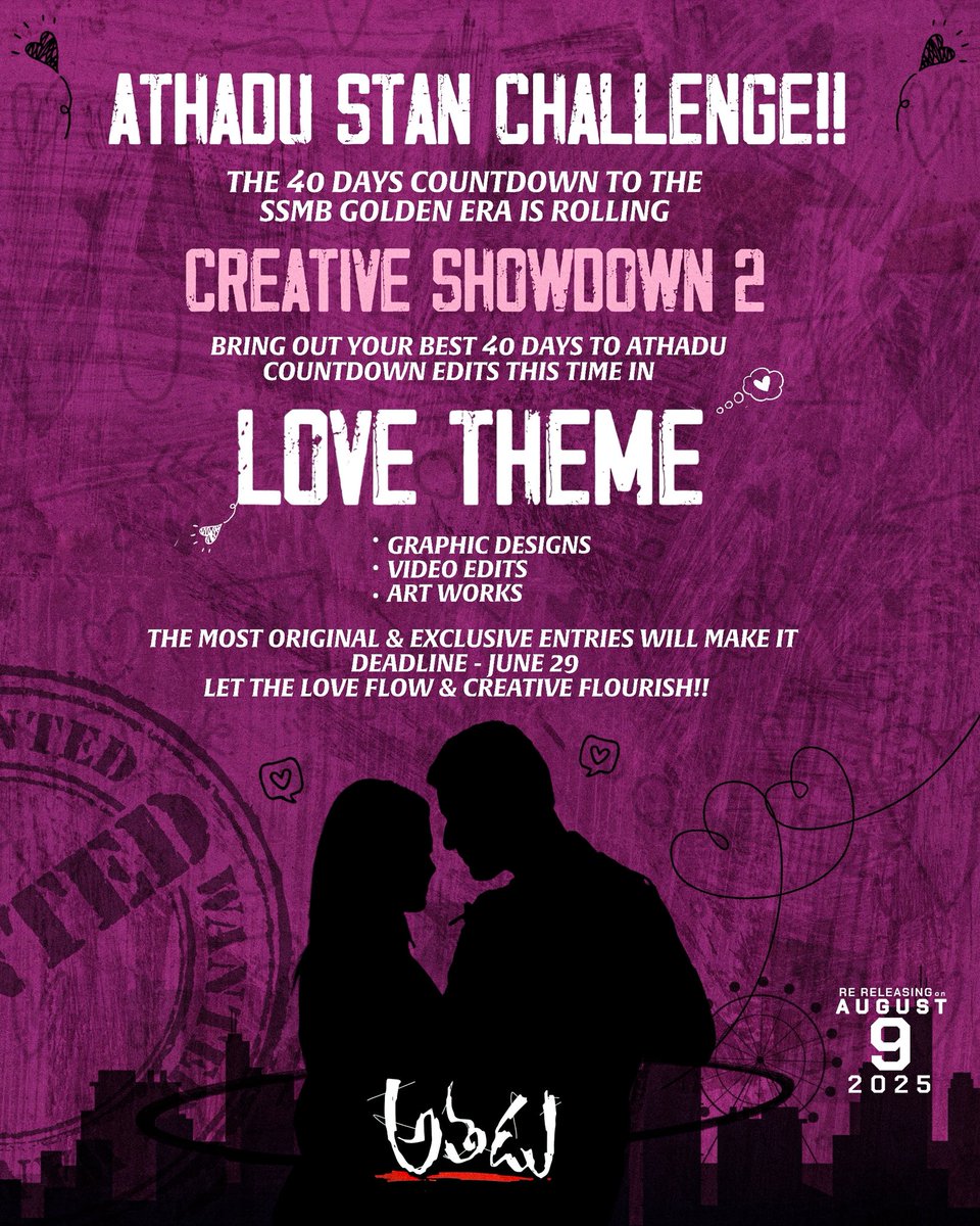 Athadu4K (@athadu4k) on Twitter photo #AthaduStanChallenge
CREATIVE SHOWDOWN 2 IS HERE ๐คฉ
Ignite your creativity - the 40 DAY countdown to the SSMB Golden Era has begun!
Creative Showdown 2
THEME : LOVE โค๏ธ
Submit here : forms.gle/eMvJNdUodui1h9โฆ
๐๐-๐๐๐ฅ๐๐๐ฌ๐ข๐ง๐ ๐จ๐ง ๐๐ฎ๐ ๐๐ญ๐ก
Super๐ @urstrulymahesh #AthaduStanChallenge
CREATIVE SHOWDOWN 2 IS HERE ๐คฉ
Ignite your creativity - the 40 DAY countdown to the SSMB Golden Era has begun!
Creative Showdown 2
THEME : LOVE โค๏ธ
Submit here : forms.gle/eMvJNdUodui1h9โฆ
๐๐-๐๐๐ฅ๐๐๐ฌ๐ข๐ง๐ ๐จ๐ง ๐๐ฎ๐ ๐๐ญ๐ก
Super๐ @urstrulymahesh