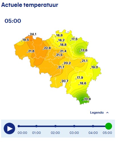 Het was een erg warme nacht met op veel plaatsen minima boven 20°C. Mogelijk is er een foutje bij Diepenbeek, die geven aan dat het 14°C was. 
Straks tropische maxima in het oosten, koeler in het westen. Kans op een lokale onweerachtige bui.
buienradar.be/belgie/weerber…