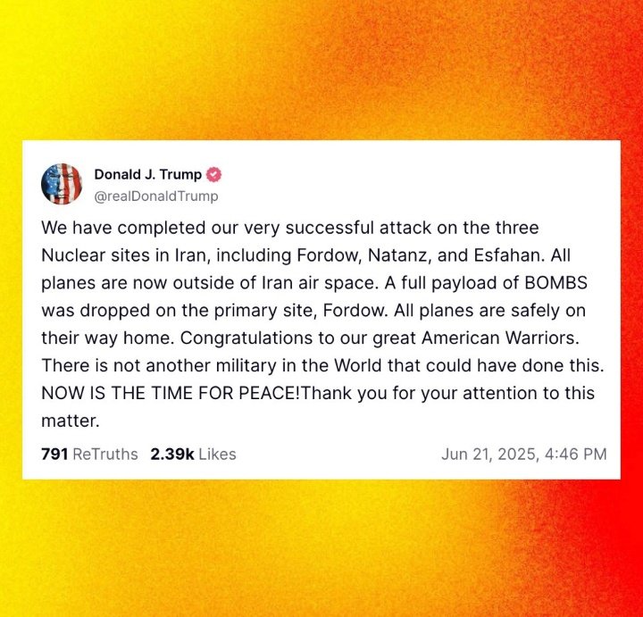 deman_005's tweet photo. WorldWar3 trends in Europe as Trump claims "SPECTACULAR SUCCESS" in Iran strikes! πΊπΈ
obliterates nuclear sites, sparking fears of Russia & China backing iran ?
#IsraeliranWar #Iran
#IranVsIsrael #IsraelIranConflict #USAirForce #WorldWar3 #usconnect #TrumpIsWarCriminal Iran"World War III""Terry G"Nuclear