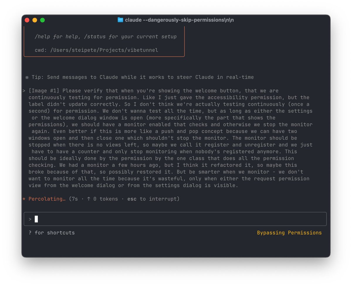 steipete's tweet photo. The more details I give Claude Code in a promot, the higher the chances of it doing the right thing. At this stage you don't wanna type, better use @WisprFlow and talk.

Those kind of prompts usually get me the one-shot outcomes I want. https://t.co/XYm0YlnTD6