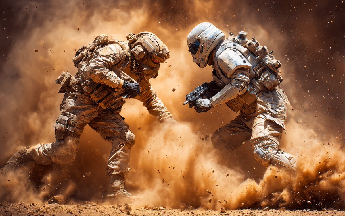 #Promptshare

🖊️Epic battlefield between [SUBBJECT 1 and SUBJECT 2], close-up, dramatic lighting, dust and debris in the air, dynamic poses, cinematic composition, high detail, wide-angle view, hyper-realistic. Desert Sun #D59D5A, Sand #D4C7AF, Tan #7D512E and Puce #341709 --ar