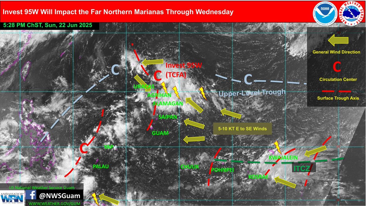 NWSGuam's tweet image. JTWC Invest 95W is expected to become a tropical cyclone within the next 24 hours. Numerous to widespread showers and thunderstorms are expected across the far northern CNMI. For Guam and Saipan, there will be no impacts from Invest 95W. #GUwx