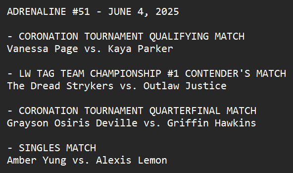Limitless_LW's tweet photo. Announcing the official 6/4 LW #Adrenaline card!
FEAT: @Sexy_Vixen_V @theP0i5on3dRose #LadyAzemi #CrotaTheBold @NotoriousKMW #VesperCade @graysonodeville @WhammehBar @DCdestroyer97 @SuchSweetSour https://t.co/jClYxKPsdR